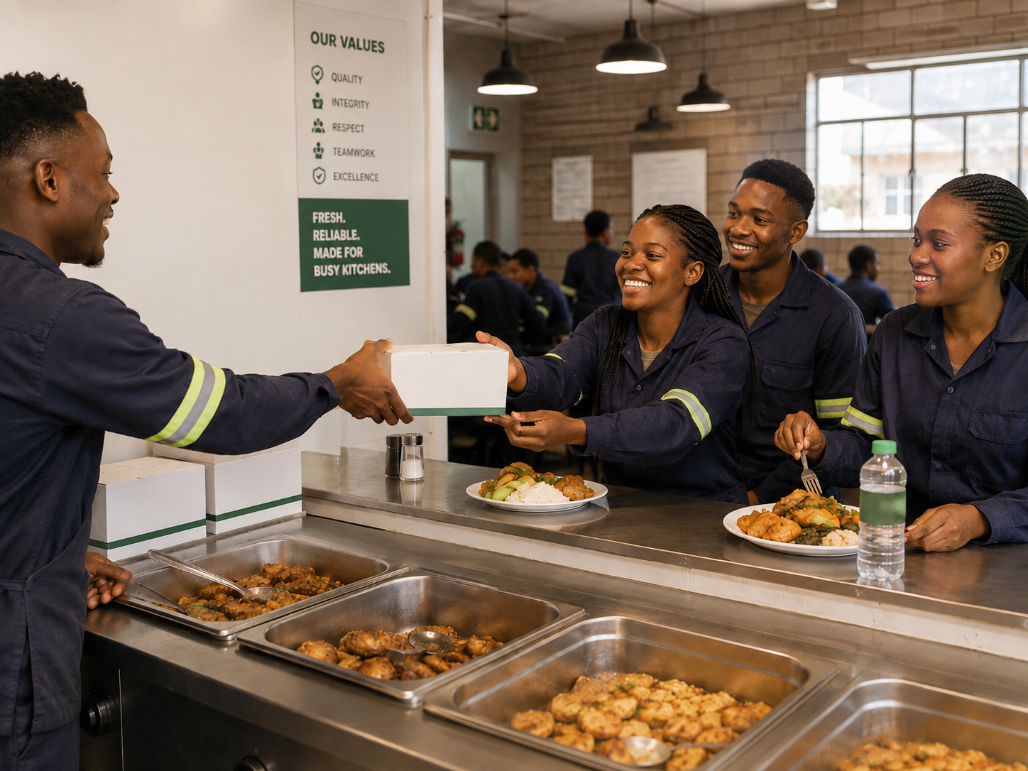 Food being served in a busy institutional kitchen environment